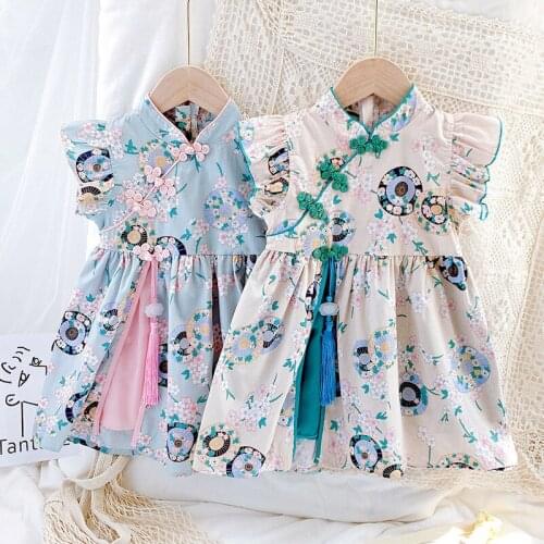 Kids Girls Cheongsam Dress Summer Hanfu Childrens Clothing Flowers Dress Baby Girl Costume Fashion Garment