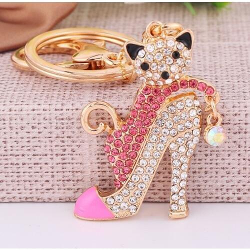 Factory direct creative rhinestone high heels cat key ring pendant rhinestone shoes model girls bag accessories wholesale