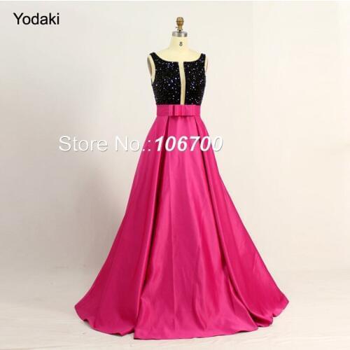 Real Photo Two Tone Ballgown Formal Evening Dresses Black Crystal Boat Neck Deep V Open Back with Sash Long Pageant Prom Gowns