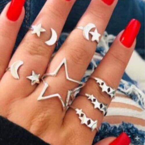 Retro Alloy Moon Star Ring 7 Piece Set For Women Fashion Exaggeration Nightclub Hip Hop Metal Ring Vintage Jewelry Wholesale