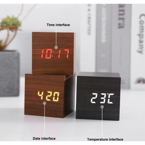 LED Digital Wooden Sound Control Square Snooze Function USB/AAA Electronic Table Alarm Clock Durable Retro Glow Clock
