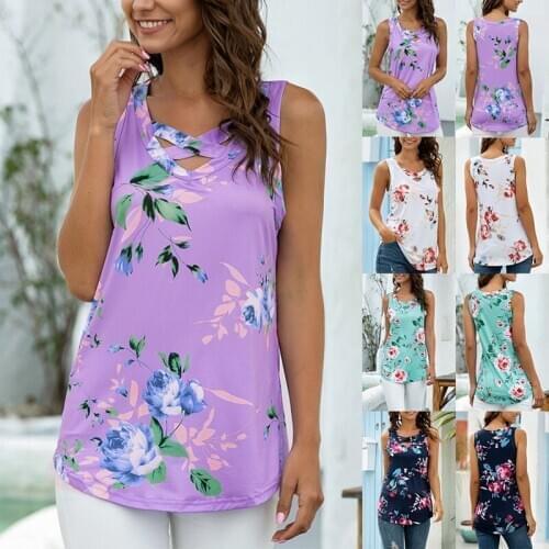 Women Summer Sexy V-neck Cross Sleeveless Floral Printed T-shirt Vest