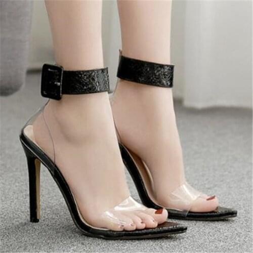 2020 Summer Women Sandals Thin High Heels Shoes Fall Best Street Look Pointed Toe PVC 12CM Buckle Strap women shoes size 35-42