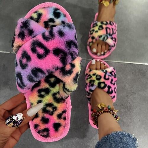 Women New Autumn and Winter Indoor Fuzzy Slippers Female Leopard Plush House Slippers Flat With Fuzzy Slipper