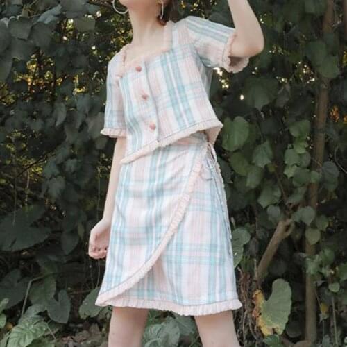 Women 2020 Summer Korean Sweet Striped Suits Vintage Square Collar Blouse +High Wiast Lace-Up Skirts Two Pieces Sets