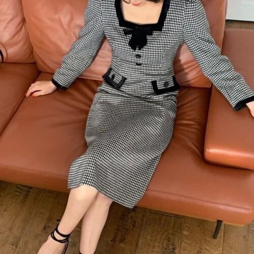 Square Collar Plaid Houndstooth Autumn Dress Women Bow Long Sleeve Sheath Long Midi Dress Black Vintage Office Lady Elegant