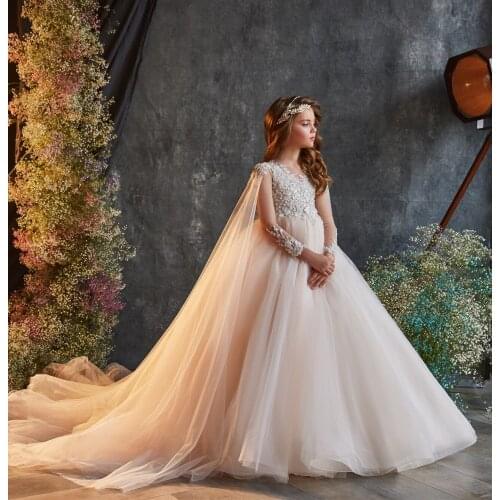 Champagne Tulle Flower Girl Dress Lace Sequined Princess Birthday Dresses Pageant Party Gown Photoshoot