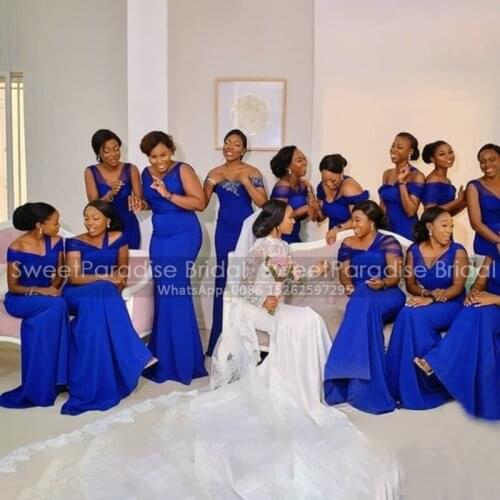Stylish Mermaid Royal Blue Bridesmaid Dresses 2020 Vestidos African Women Sleeveless Long Wedding Party Dress Maid Of Honor