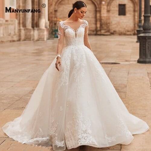 High-End Chapel Train O-Neck Full Sleeve Wedding Dress Elegant Embroidery Appliques Tulle Lace Up Back Bridal Ball Gown 2021