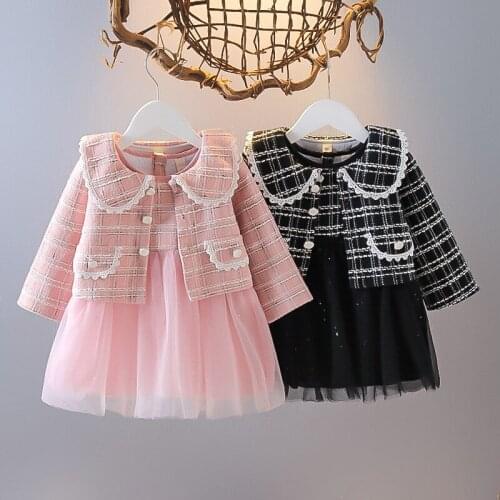 2021 New Baby Girls Elegant Clothing Set Plaid Jackets+Vest Mesh Tutu Dress 2pcs Autumn Winter Kids Birthday Party Clothes 1-4 Y