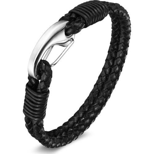 XiongHang Hand Made Punk Bracelet Black Leather Rope Chain Stainless Steel Easy-Hook Bangles Mens Hook Bracelets Gift Women