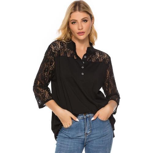 Neatie kiddie Spring Autumn Solid Lace Office Lady Blouse Shirt Stand Collar Three Quarter Hollow Out Top Female Clothes