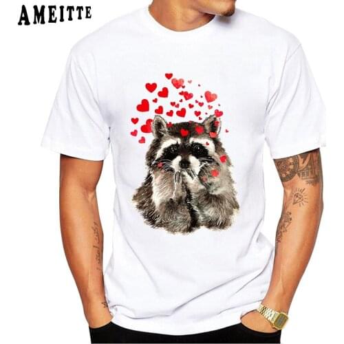 Cute Watercolor Naughty Clever Raccoon Blowing Kisses & Hearts Print T-Shirt Summer Men Short Sleeve Tops Boy White Casual Tees