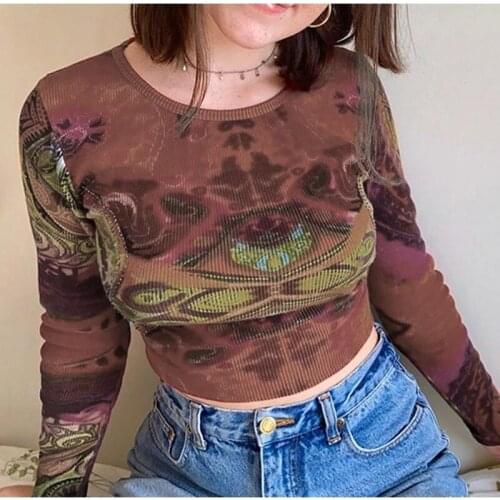 Autumn Long Sleeve T-shirt Women Vintage Knitted Crop Top Woman Korean Fashion Tie Dye Print E Girl T Shirt Female Casual