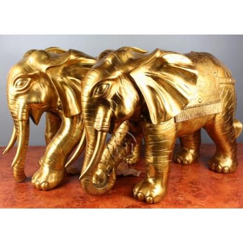 24" China Brass Sculpture Pair Lucky Elephant Carved Clouds Bronze Statue