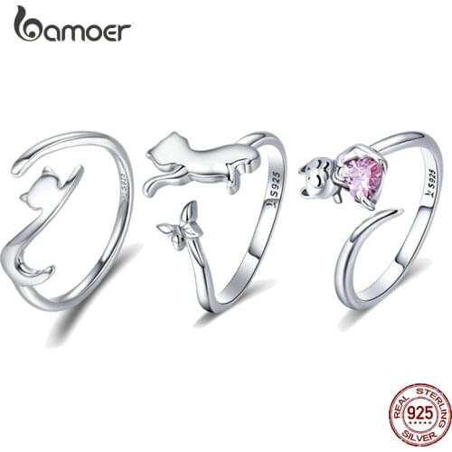 BAMOER Lazy Kitty Cat Adjustable Finger Ring Authentic 925 Sterling Silver Cat Tail Fashion Ring Fine Jewelry GXR220
