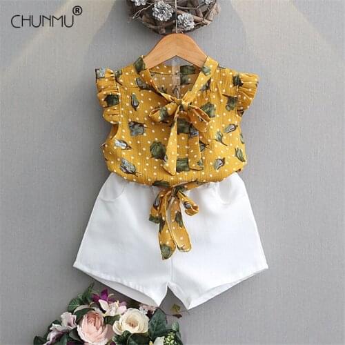 Girls Clothing Sets 2021 Summer Kids Clothes Floral Chiffon Top + Shorts 2pcs Fly Sleeve Prints Suit Children Clothing