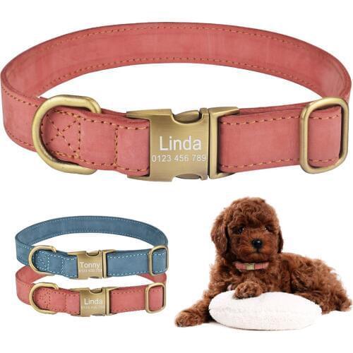 Leather Dog Collar Personalized Puppy Name Custom Engraved Boy Girl Buckle S-L