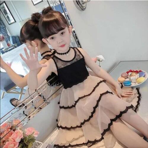 Sleeveless Girls Layered Dress New Kids Princess Clothing Summer Fashion Korean Childrens Black Lace Dresses