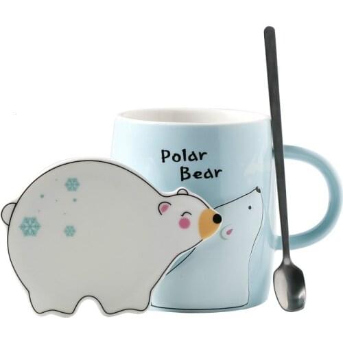 Cartoon Ceramic Coffee Mug with Spoon Lid Cute Creative Personalised Couple Esspresso Cups Large Capacity Drinkware Gift DA60MK