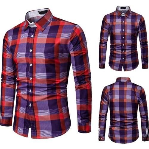 Mens Plaid Shirt Long Sleeve Turn Down Collar Single-Breasted Cardigan Shirt Smart Casual Slim Type Tops