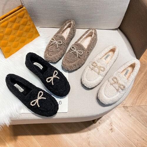Luxury Pearl crystal bow-knot fur moccasins femme fleeces loafers winter cotton shoes women lambswool flats large size 34-43