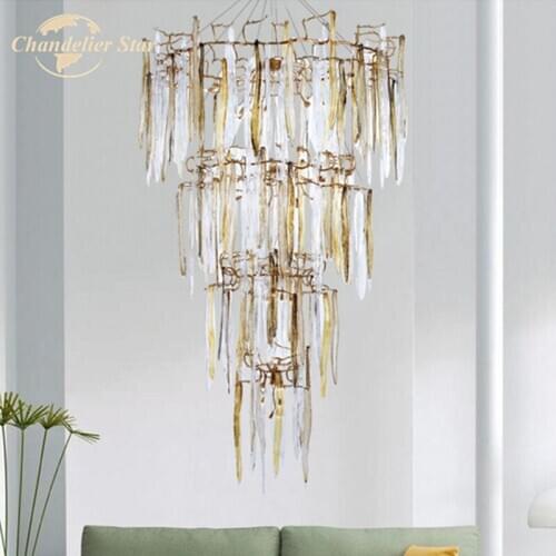 Luxury LED Chandeliers Lighting Postmodern Brass Glass Copper Indoor Lamp Large Staircase Living Room Water Drop Lights Lustre