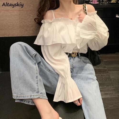Shirts Women Spring Fashion Ulzzang White Slash Neck Simple Ladies Tops All-match Ruffles Lovely Vintage Ladies Blusas Clothing