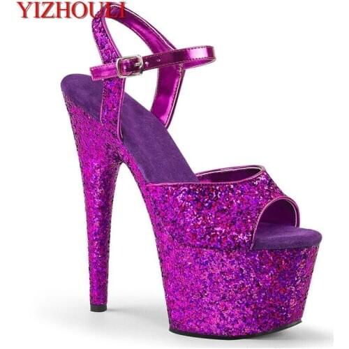 17 cm Roman sandals, 7 inch lacquered soles, purple sequined vamp, model pole dancing exercises, dance shoes