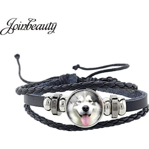 JOINBEAUTY Cute Pets Dogs Picture PU Leather Charm Bracelets DIY Round Cabochons Handmade Jewelry Men Fashion Bangle CN746