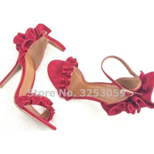 ALMUDENA Young Gilrs Sweet Fluncing Stiletto Heel Sandals Red Green Pink Ruffle Shoes Elegant Wedding Pumps Dropship