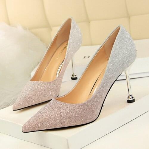 0455-1 Korean Fashion Thin Heeled Shiny Color Gradient Color Matching Single Shoes High Heels Womens Shoes