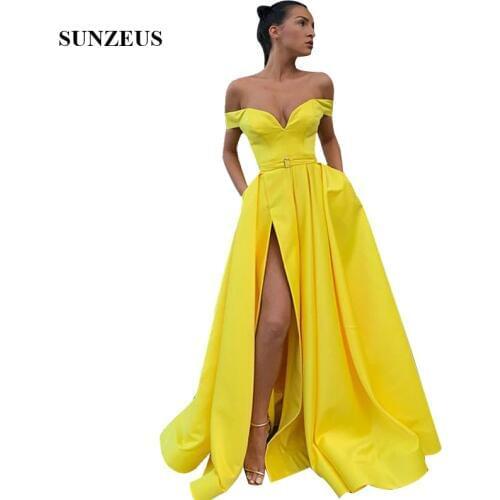 Off Shoulder Sweetheart A-line Evening Dresses Long Yellow Formal Gowns Side Slit Satin Party Wear Abito Lungo
