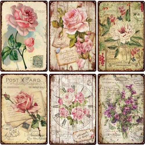 Vintage Pastoral Style Flower Metal Tin Sign Retro Lavender Rose Plates Plaque Poster Living Room Home Garden Farm Decor 20X30Cm