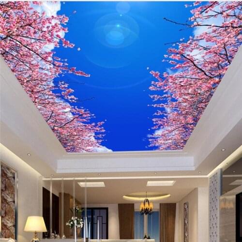 Wellyu Beautiful atmosphere blue sky white clouds cherry ceiling roof temples custom large fresco green wallpaper