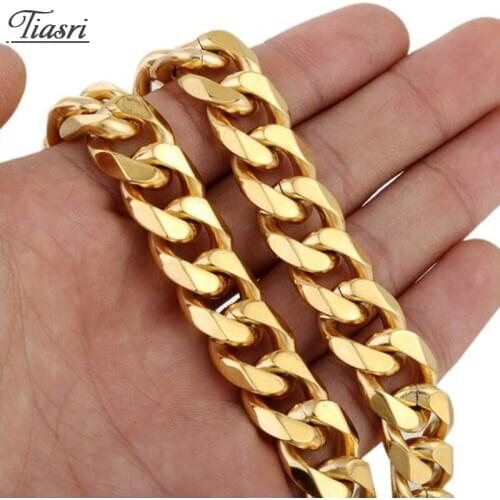 Tiasri Steampunk Style Jewelry Cuban Link Chain Man Necklace Gold Color Stainless Steel Choker Friends Gifts Wholesale 15mm