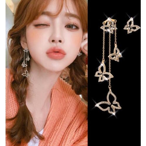 New Korean Version Butterfly Inlay Crystal Asymmetric Earrings Long Tassel Women for Drop Pendientes Trendy Brincos