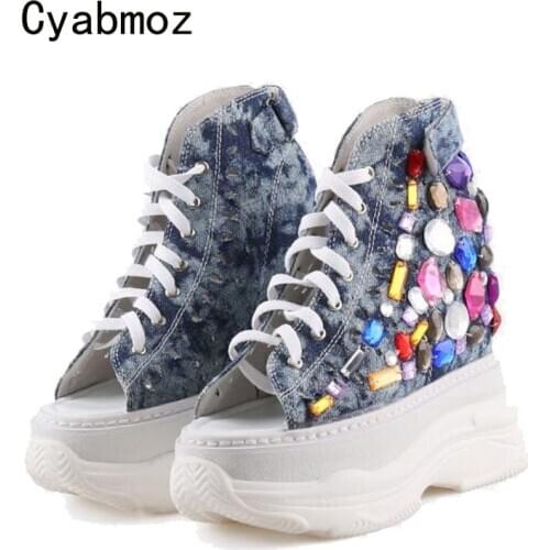 Cyabmoz Height increasing Shoes Woman Sneakers Hollow Denim High heels Pumps Rhinestone Peep toe Platform New Women Party Shoes