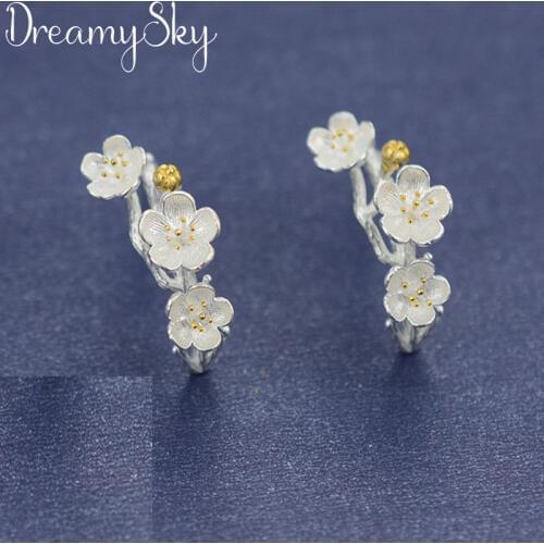 DreamySky Real Pure Silver Color Plum Flower Earrings For Women Gift Fashion Wedding Christmas Jewelry Pendientes Brincos