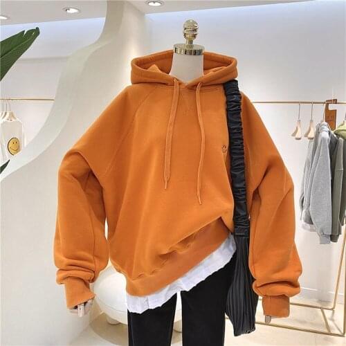 Hoodies Women Ins Female Chic Orange All-match Solid BF Lady Clothing Thick Sweatshirts Casual Pullovers Spring Warm Plus Velvet