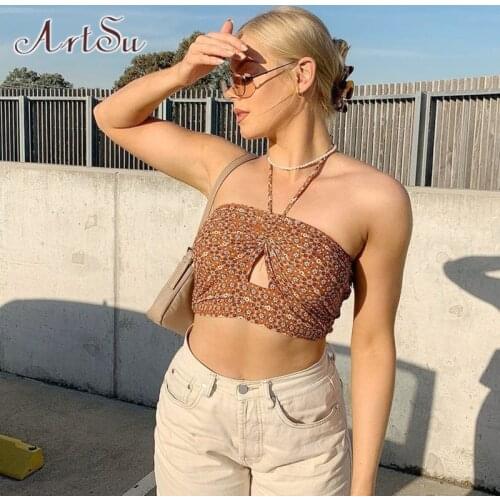 ArtSu Floral Print Halter Top Women Summer Sexy Ruched Sleeveless Crop Top Club Streetwear Backless Hollow Out Tank Tops VE52816
