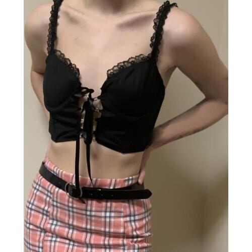 2021 New Sexy Hollow Lace Sleeveless Cropped Vest Women Lace Up Bandage Camisole Crop Top For Comfortable Summer Clothing