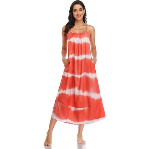 Sexy Spaghetti Tie Dye Print Midi Dress Summer Fashion Casual Sleeveless Boho Loose Vestidos Blue Beach Dresses For Women 2021
