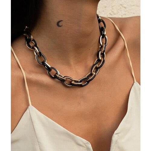 2021 New Womens Simple Retro Single-layer Tassel Necklace Female Punk Mixed Color Double Buckle Thick Chain Hip Hop Necklace