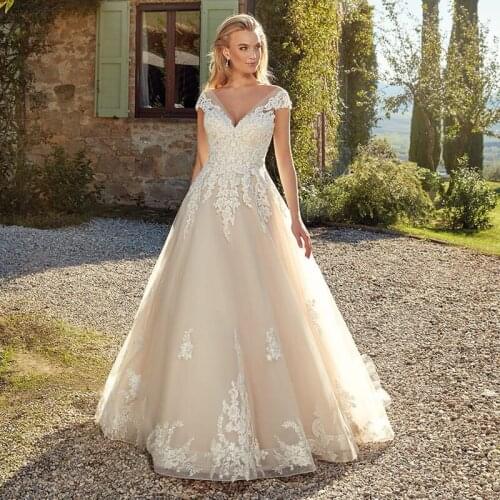 Thinyfull 2020 New Arrival Wedding Dresses A Line V Neck Cap Sleeve Bride Dresses Tulle Button Lace Appliques Vestidos de novia