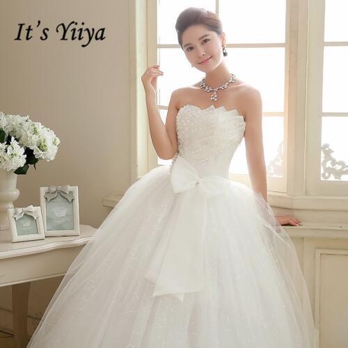 Its YiiYa Wedding Dress Sequins Floor Length wedding dresses Strapless Sleeveless Bow Lace Up Princess Bridal Ball Gown HS106