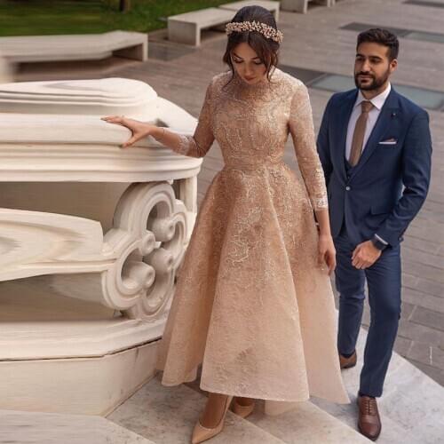 Vestidos Arabic Lace Muslim Wedding Dresses Three Quarter Sleeve Beaded Bridal Dress Organza Ankle Length Wedding Gowns платье