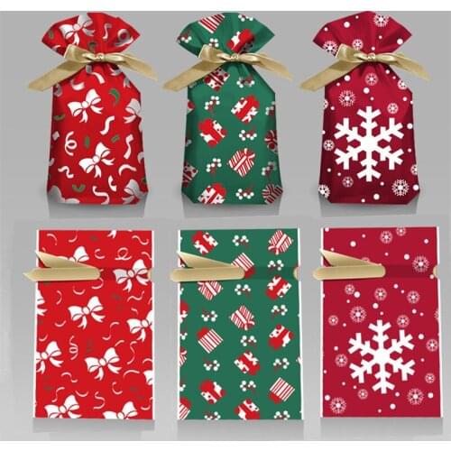 10pcs Christmas Gift Wrapping Bag Ribbon Drawstring Bag Santa Gift Snack Pocket Christmas Decorations 2022 New Year Gift Navidad