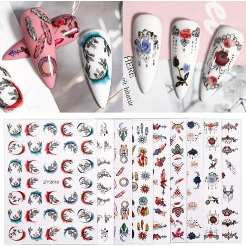 3D Watercolor Ink Plant Flowers Waterproof Back Glue Decals Fashion Nail Art Decorations Stickers Sliders Manicure Accessories
