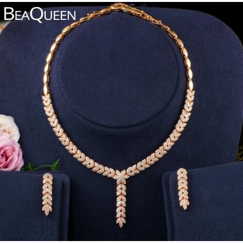 BeaQueen Fashion Wheat Shape Cubic Zircon Long Earrings Necklace Indian African Gold Color Wedding Jewelry Sets for Brides JS242